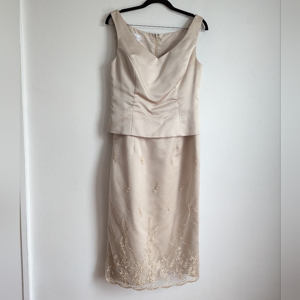 Vintage 90s David's Bridal Champaigne Embroidered Midi Dress Princess Diana 8